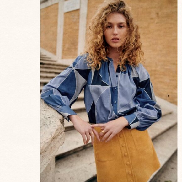 Sezane Tops - NWT Sezane Blue Geometric Patchwork Button Down Lealys Shirt 100% Cotton